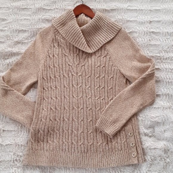 Talbots Women's Cable Knit Medium Cowl Neck Caramel Brown Sweater Long Sleeve - Picture 4 of 10